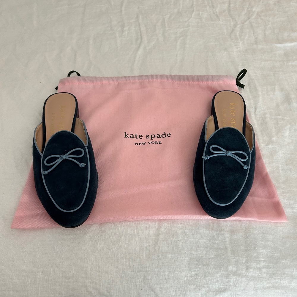 Kate Spade Bow Accent Navy Suede Mules Size 7.5
